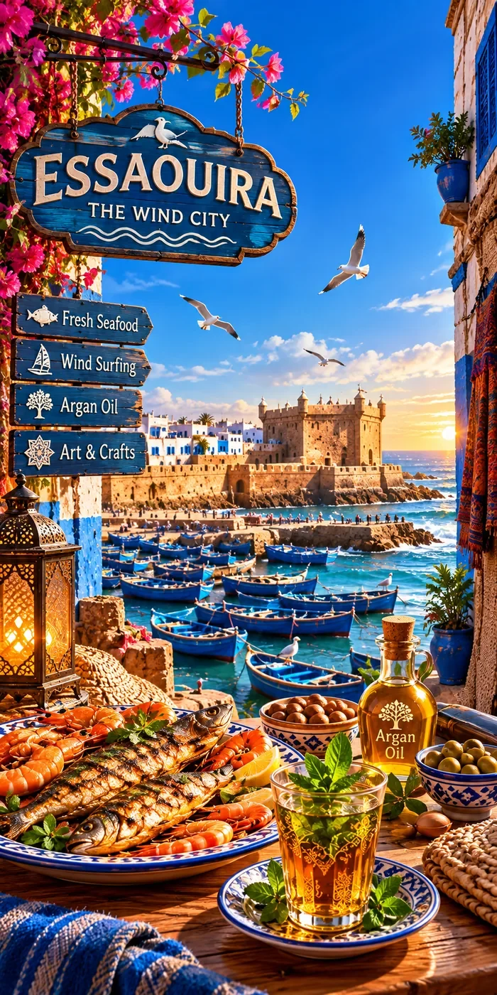 Essaouira’s blue fishing boats beside the old city walls